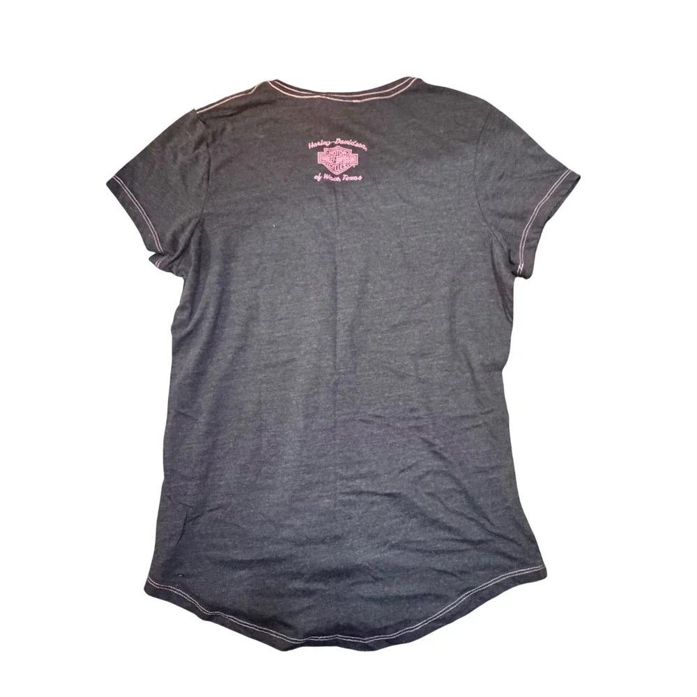 Harley-Davidson Womens V-Neck Graphic T-Shirt Charcoal Grey Pink Wings Large